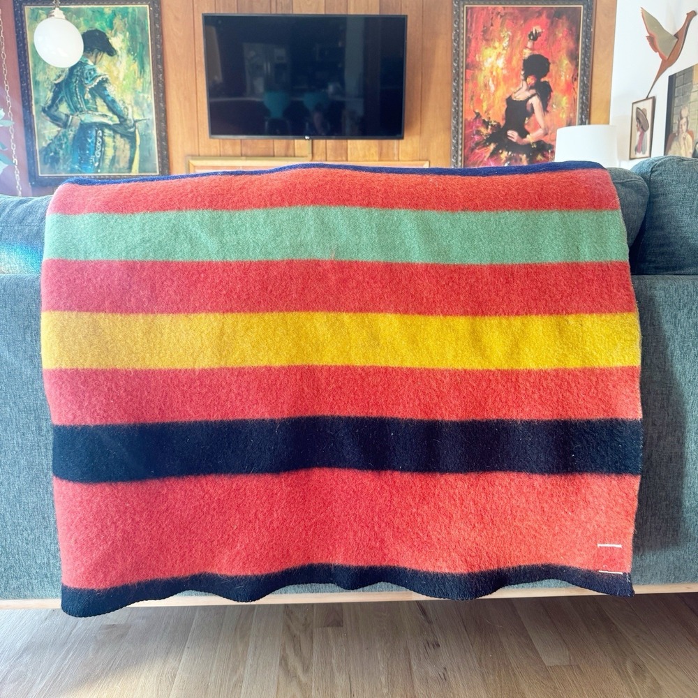 Red Orange Wool Blanket With Stripes 66" x 76" Twin Camp Lodge Cabincore Vintage